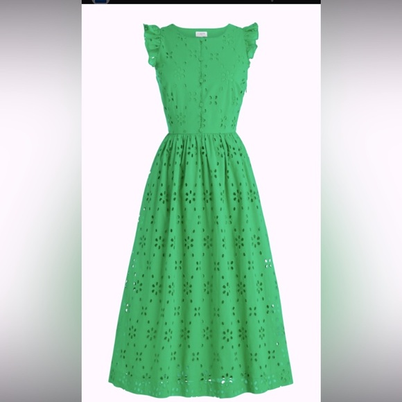 J. Crew Dresses & Skirts - J.crew Eyelet dress emerald green embroidery floral fall midi classic casual